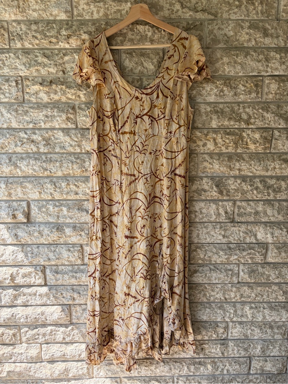 Vintage 90s Y2K Brown Botanical Leaf Print Ruffle Maxi Dress Women’s XL Bohemian